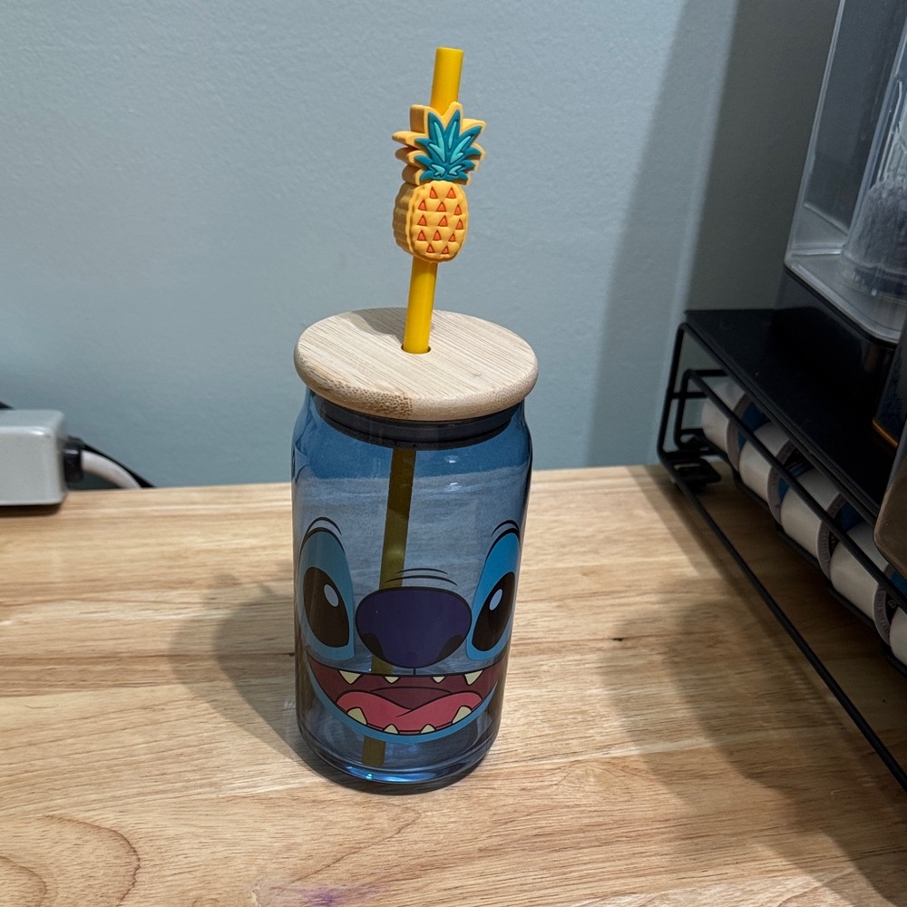 Blue Disney Stitch Character Glass Tumbler with Straw